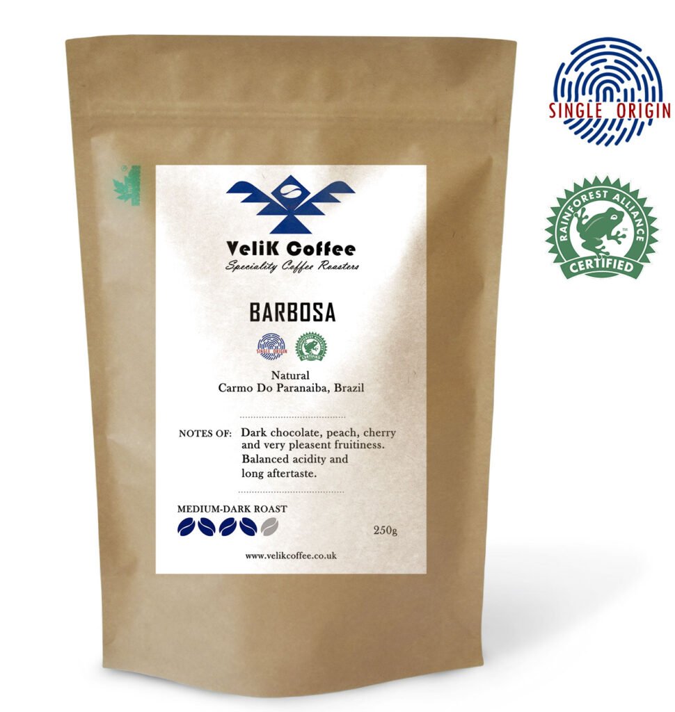 VeliK Coffee Barbosa โ Brazilian Single Origin Coffee, Natural Process, Rainforest Alliance Certified, Medium-Dark Roast, 250g