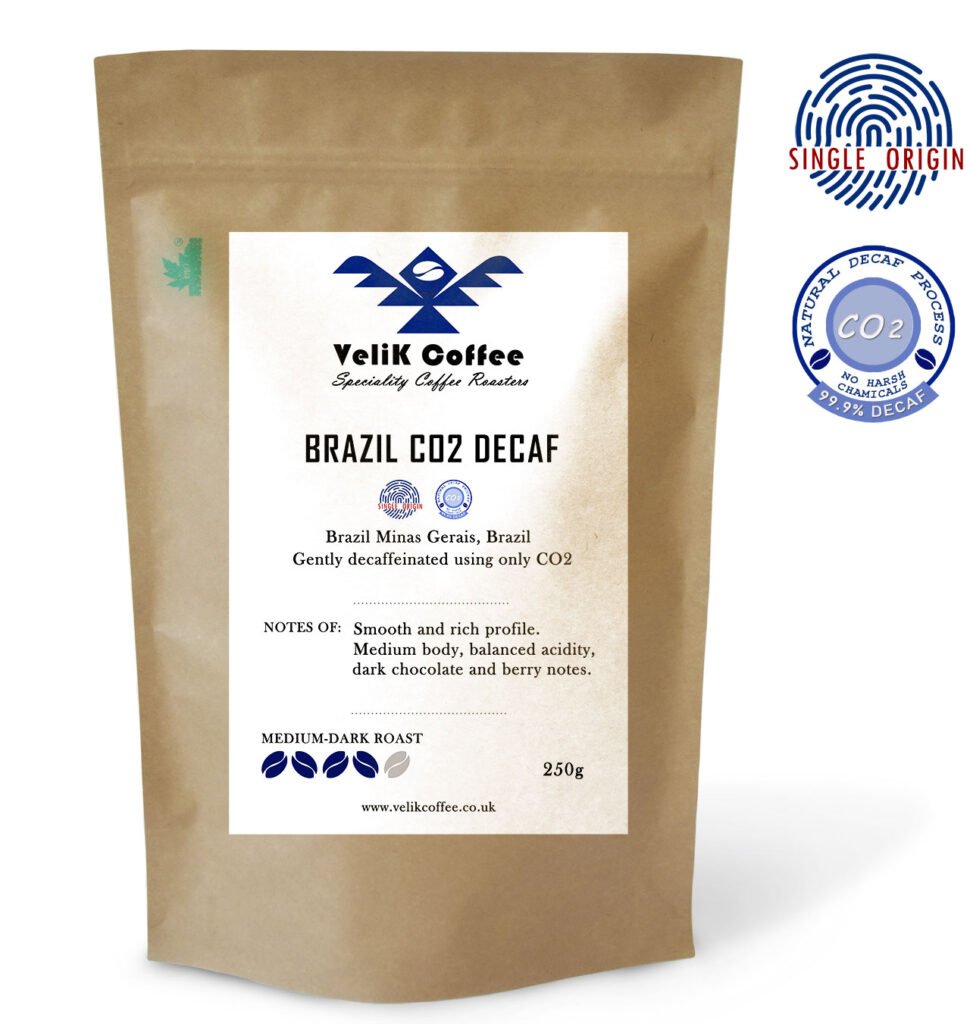 VeliK Coffee Brazil Decaf Coffee – Specialty Medium-Dark Roast, Single-Origin, Chemical-Free Natural Decaf, 250g