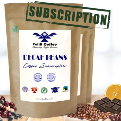 Velik Coffee decaf coffee subscription pack with Swiss Water Process and Fairtrade icons
