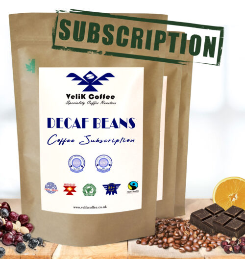 Velik Coffee decaf coffee subscription pack with Swiss Water Process and Fairtrade icons