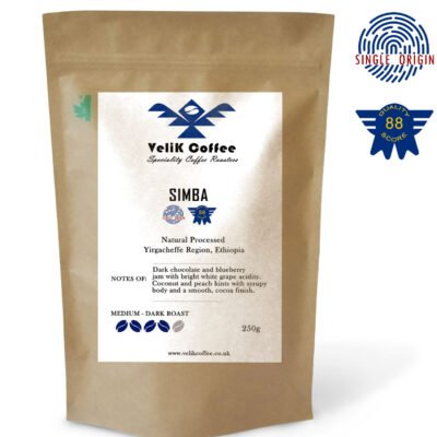 Kraft coffee bag with label reading “SIMBA – Ethiopian single origin Arabica”, 250g medium-dark roast, produced by VeliK Coffee. Label notes include flavour, origin, and tasting profile.