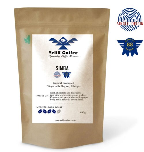 Kraft coffee bag with label reading “SIMBA – Ethiopian single origin Arabica”, 250g medium-dark roast, produced by VeliK Coffee. Label notes include flavour, origin, and tasting profile.