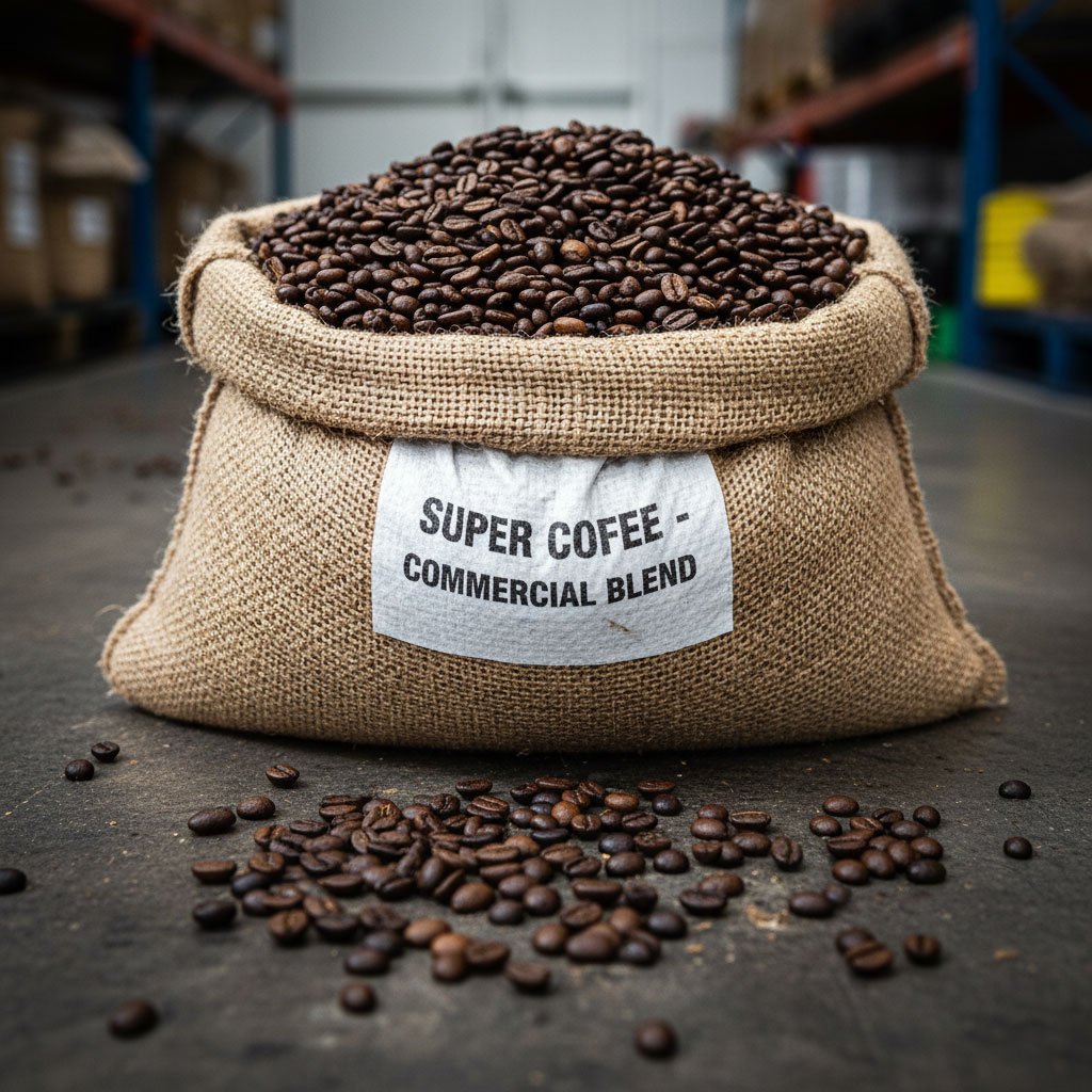Speciality vs Commercial Coffee – sack of commercial coffee blend beans in bulk packaging, showing mass production scale.